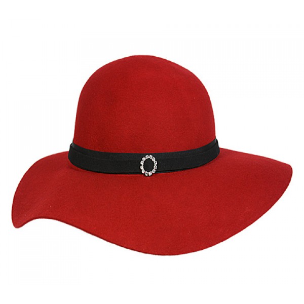 Wide Brim Wool Felt Hats w/ Rhinestone Ring Band - Red - HT-CC12-7RD